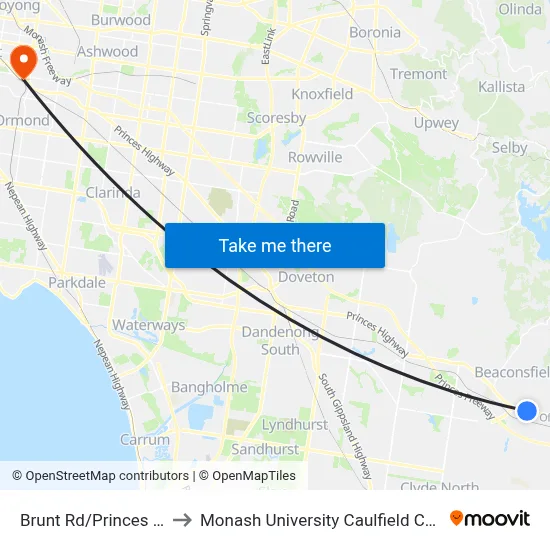 Brunt Rd/Princes Hwy to Monash University Caulfield Campus map