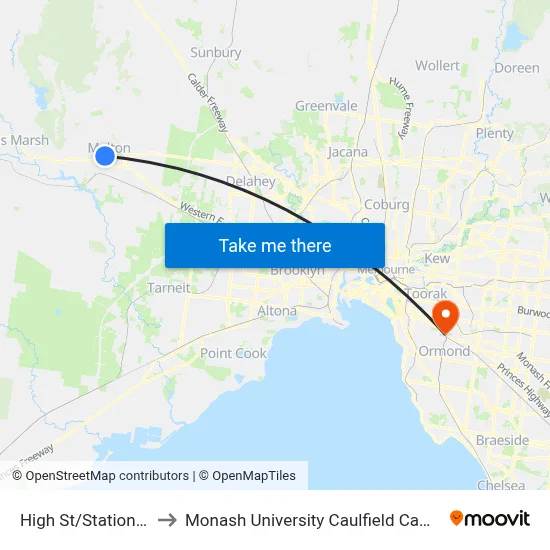 High St/Station Rd to Monash University Caulfield Campus map
