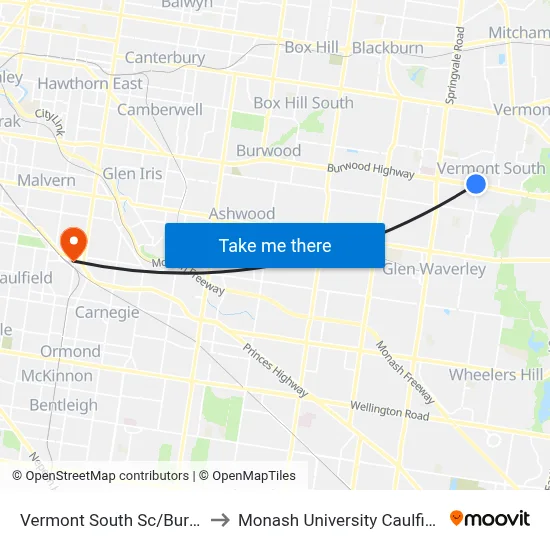 Vermont South Sc/Burwood Hwy to Monash University Caulfield Campus map
