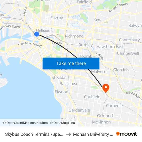 Skybus Coach Terminal/Spencer St (Melbourne City) to Monash University Caulfield Campus map