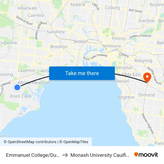 Emmanuel College/Dunnings Rd to Monash University Caulfield Campus map