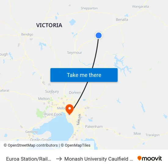 Euroa Station/Railway St to Monash University Caulfield Campus map