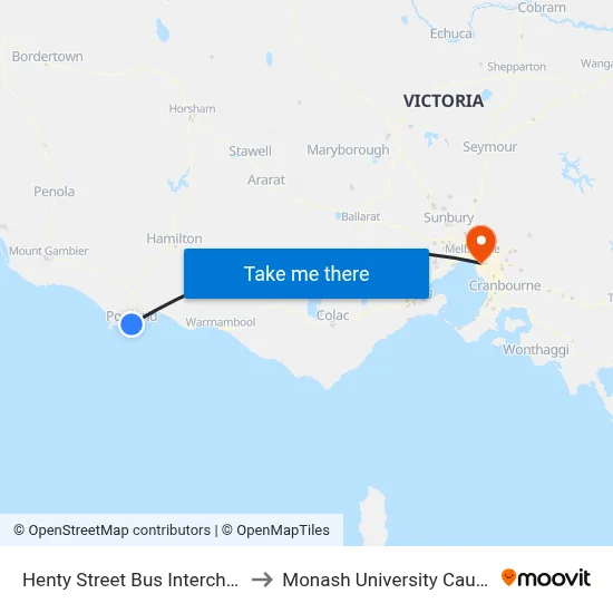 Henty Street Bus Interchange/Henty St to Monash University Caulfield Campus map