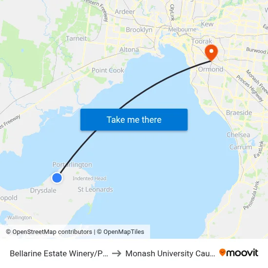 Bellarine Estate Winery/Portarlington Rd to Monash University Caulfield Campus map