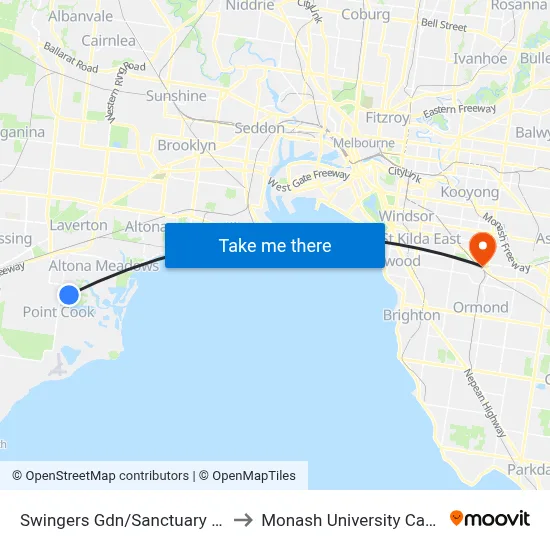 Swingers Gdn/Sanctuary Lakes North Bvd to Monash University Caulfield Campus map