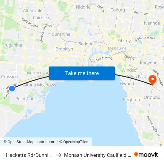 Hacketts Rd/Dunnings Rd to Monash University Caulfield Campus map
