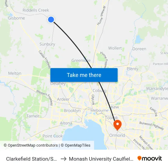 Clarkefield Station/Station St to Monash University Caulfield Campus map