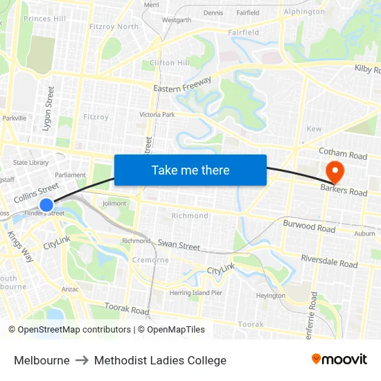 Melbourne to Methodist Ladies College map
