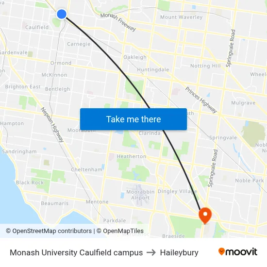 Monash University Caulfield campus to Haileybury map