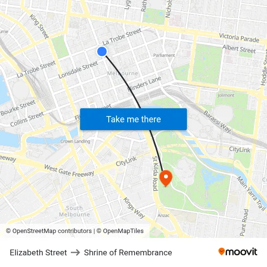 Elizabeth Street to Shrine of Remembrance map