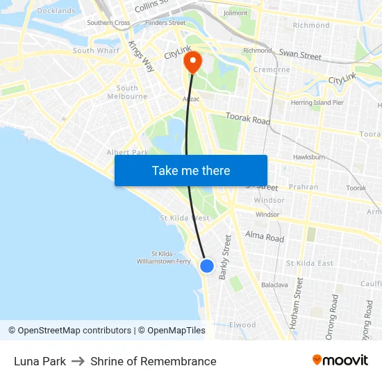 Luna Park to Shrine of Remembrance map