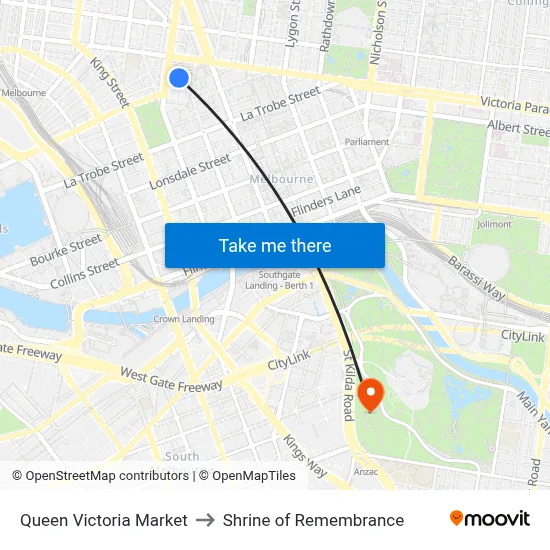 Queen Victoria Market to Shrine of Remembrance map