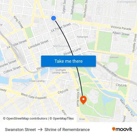 Swanston Street to Shrine of Remembrance map