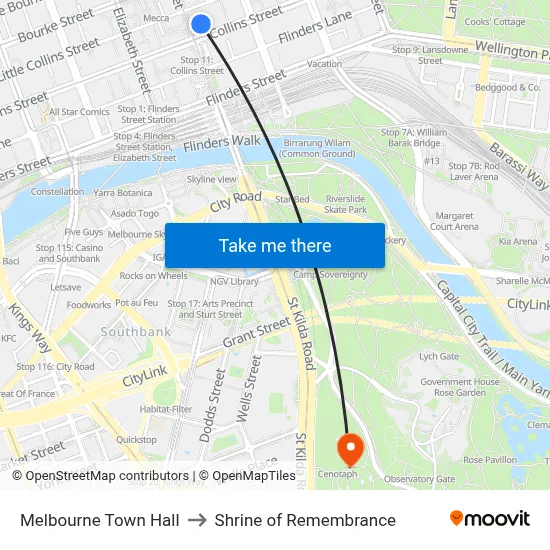 Melbourne Town Hall to Shrine of Remembrance map