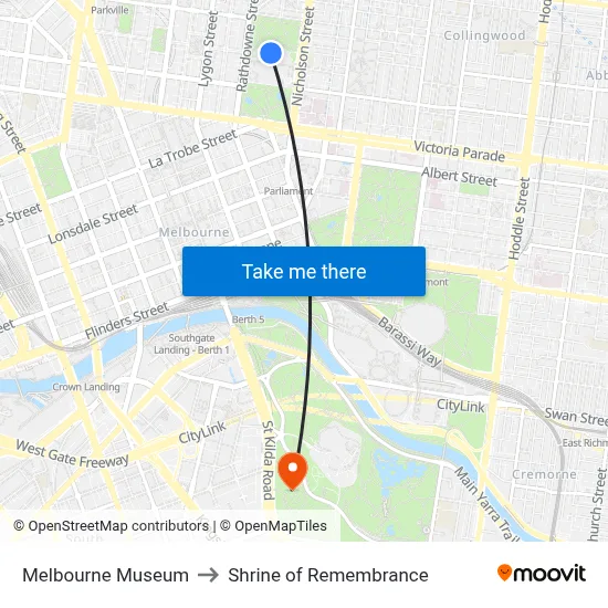 Melbourne Museum to Shrine of Remembrance map