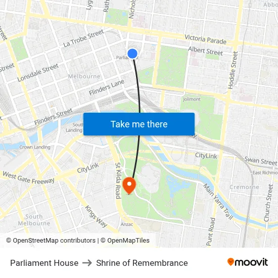 Parliament House to Shrine of Remembrance map