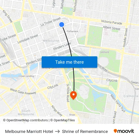 Melbourne Marriott Hotel to Shrine of Remembrance map