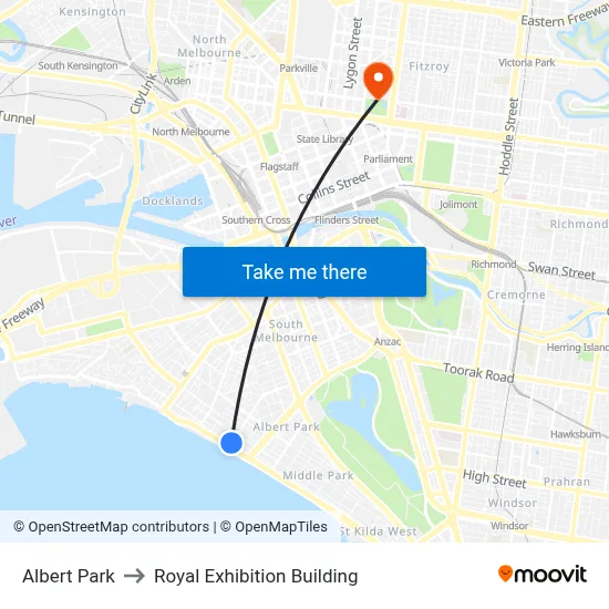 Albert Park to Royal Exhibition Building map