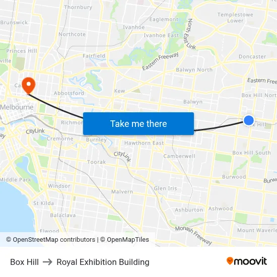 Box Hill to Royal Exhibition Building map