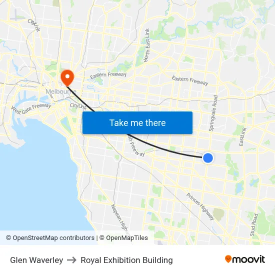 Glen Waverley to Royal Exhibition Building map