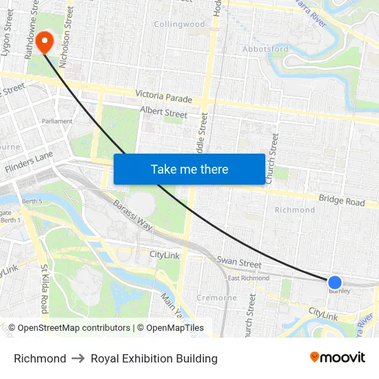 Richmond to Royal Exhibition Building map