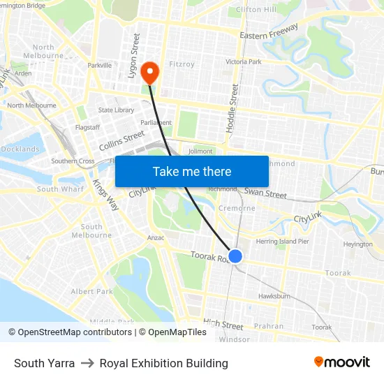 South Yarra to Royal Exhibition Building map