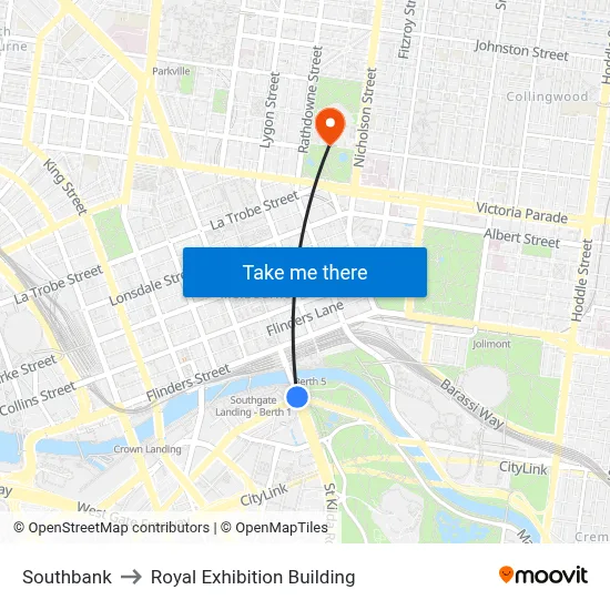 Southbank to Royal Exhibition Building map
