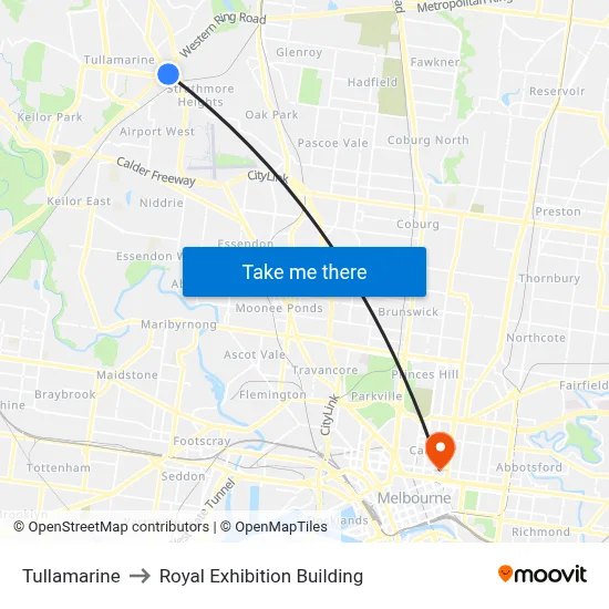 Tullamarine to Royal Exhibition Building map