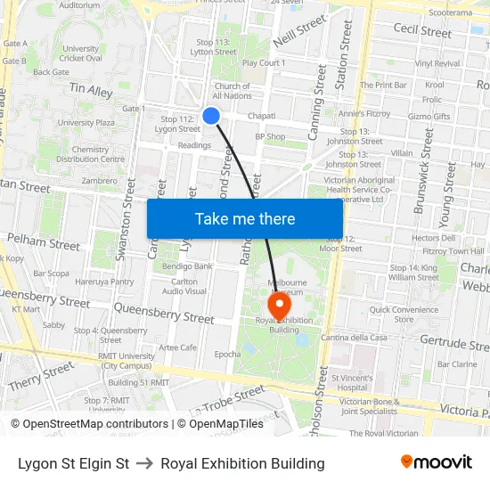 Lygon St Elgin St to Royal Exhibition Building map