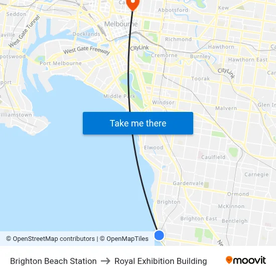 Brighton Beach Station to Royal Exhibition Building map