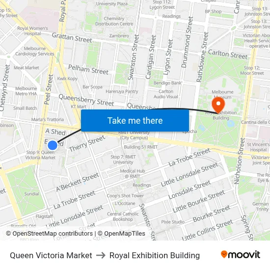 Queen Victoria Market to Royal Exhibition Building map