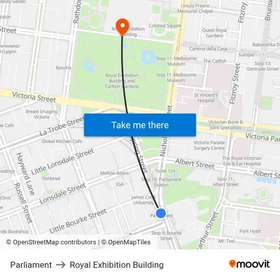Parliament to Royal Exhibition Building map