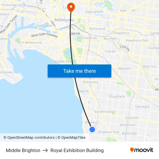 Middle Brighton to Royal Exhibition Building map