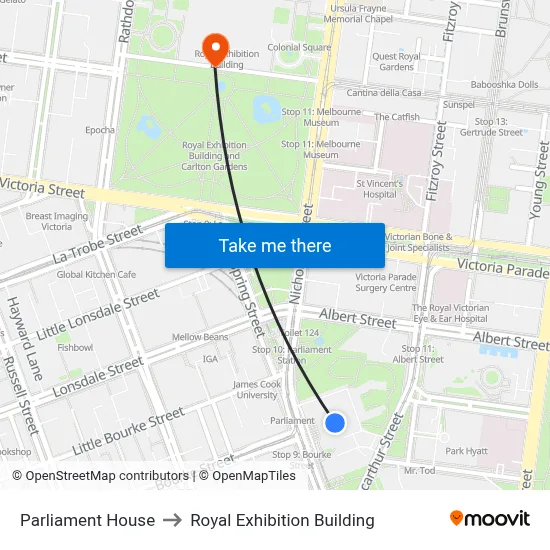 Parliament House to Royal Exhibition Building map