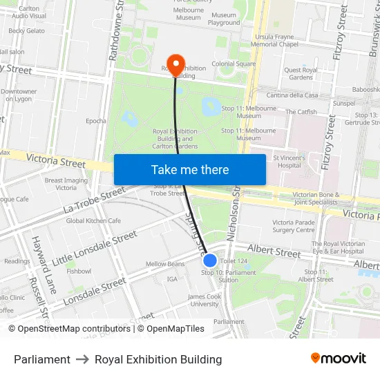 Parliament to Royal Exhibition Building map