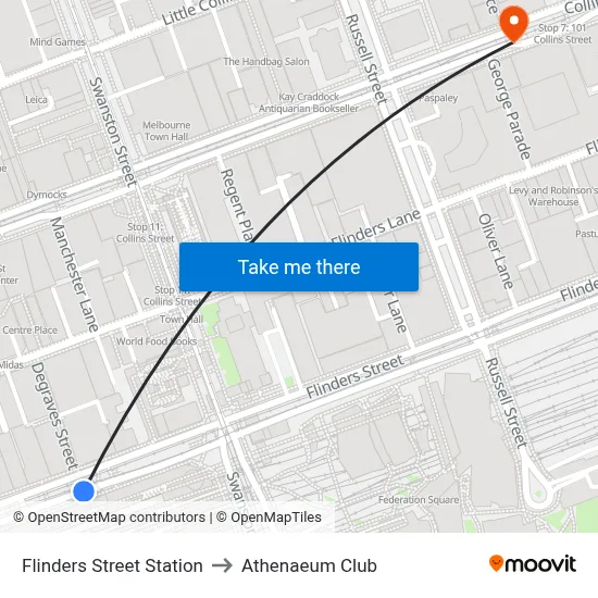Flinders Street Station to Athenaeum Club map
