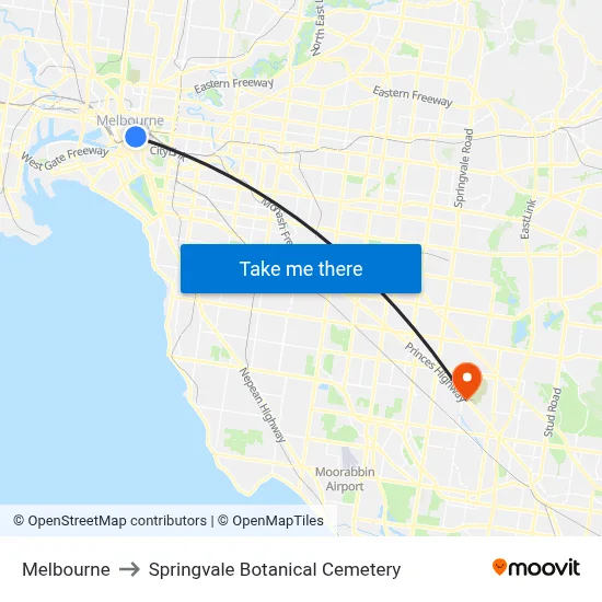 Melbourne to Springvale Botanical Cemetery map