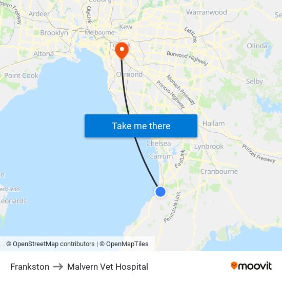 Frankston to Malvern Vet Hospital map