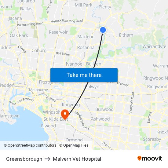 Greensborough to Malvern Vet Hospital map