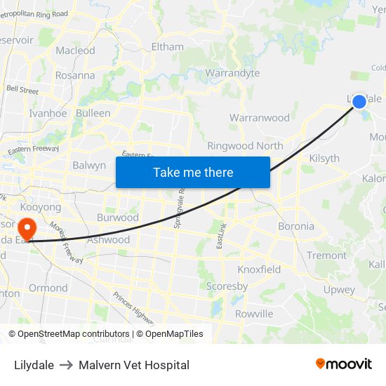 Lilydale to Malvern Vet Hospital map