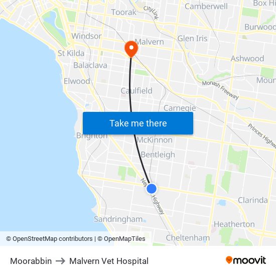 Moorabbin to Malvern Vet Hospital map