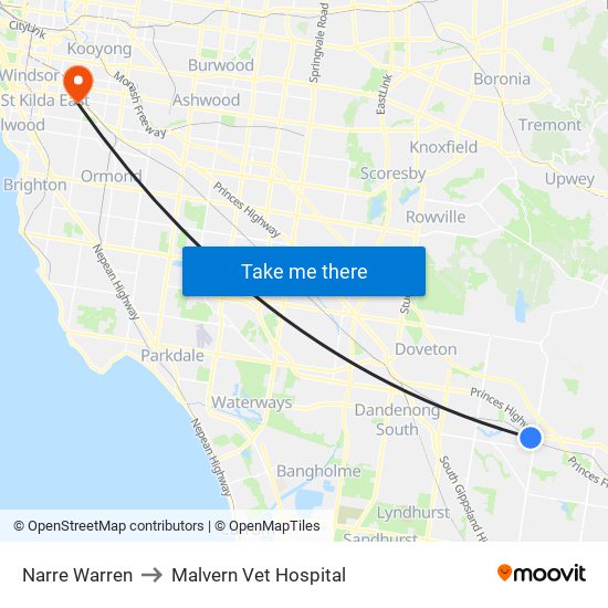 Narre Warren to Malvern Vet Hospital map