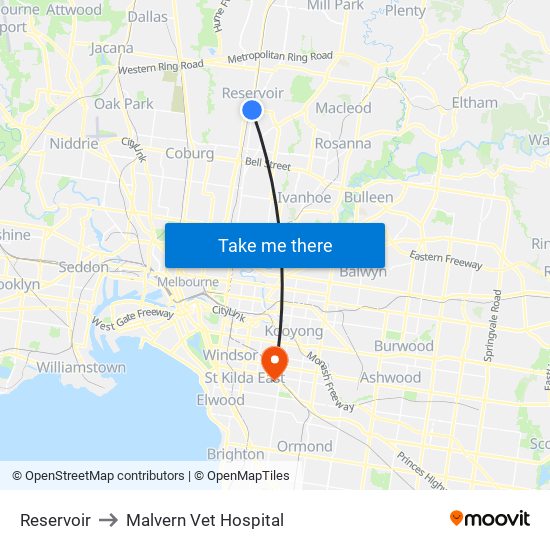 Reservoir to Malvern Vet Hospital map