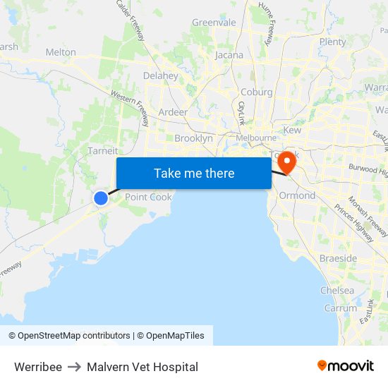 Werribee to Malvern Vet Hospital map