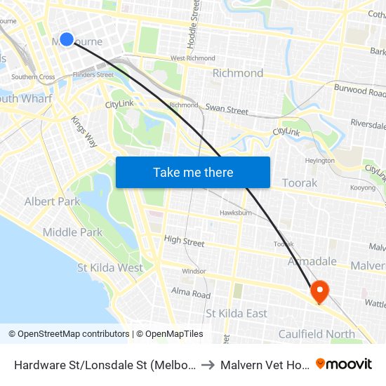 Hardware St/Lonsdale St (Melbourne City) to Malvern Vet Hospital map