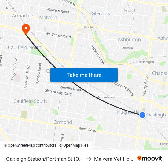 Oakleigh Station/Portman St (Oakleigh) to Malvern Vet Hospital map