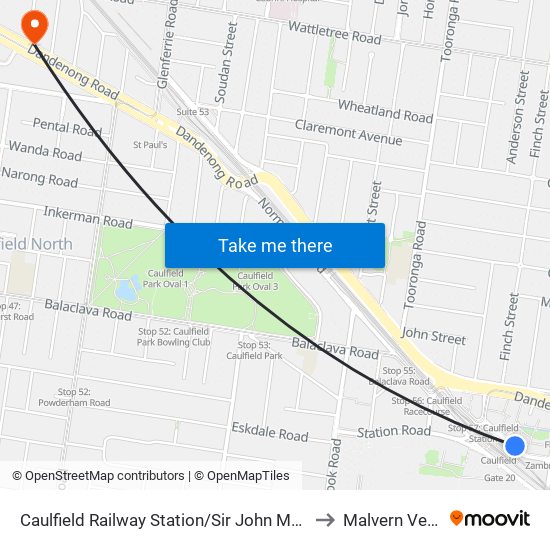 Caulfield Railway Station/Sir John Monash Dr (Caulfield East) to Malvern Vet Hospital map