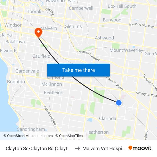 Clayton Sc/Clayton Rd (Clayton) to Malvern Vet Hospital map
