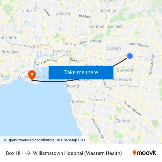 Box Hill to Williamstown Hospital (Western Health) map