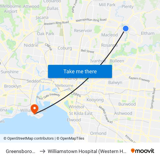 Greensborough to Williamstown Hospital (Western Health) map